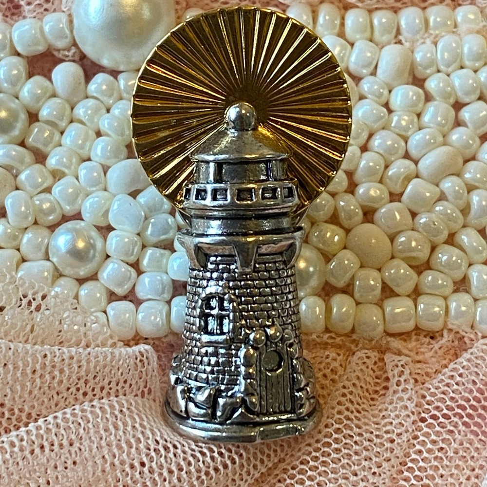 VTG AVON Lighthouse‎ Pin Brooch Gold & Silver Nautical Sunburst Design Souvenir